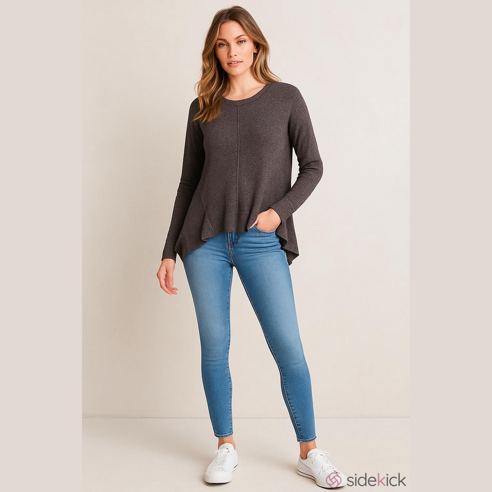 WILT Notched Hem Thermal Crewneck Lightweight Sweater, Brown Heather, Size S - Picture 17 of 17